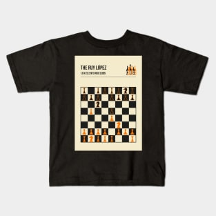 The Ruy Lopez Chess Opening in a vintage book cover poster style. Kids T-Shirt